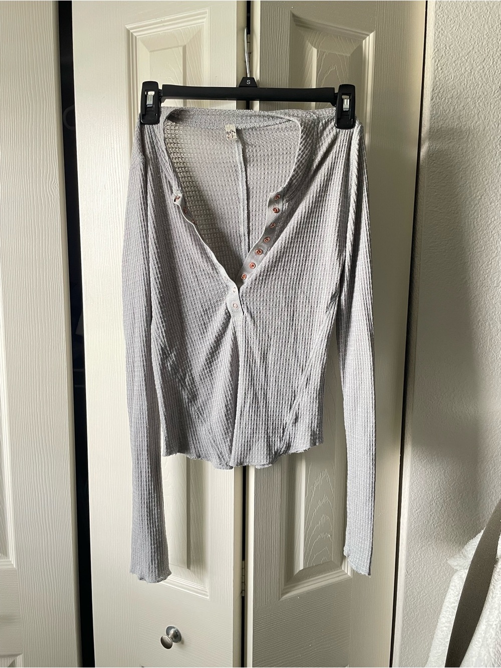 Free People Light Gray Waffle Henley Long-Sleeve Top